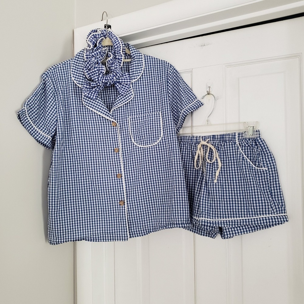 POL Womens 2 Piece Pajama Set SMALL Gingham Plaid Head Band Shorts Pockets Blue